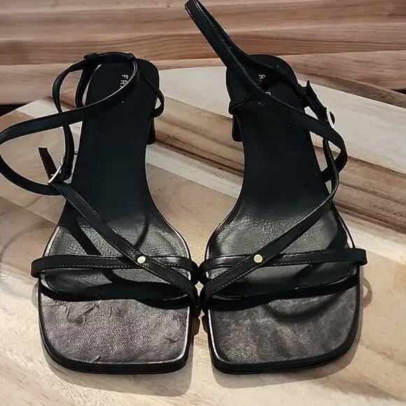 FRAME LE BRAXTON SANDAL SQUARE TOE ANKLE STRAP HEEL BLACK NOIR SIZE 40